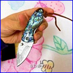 Drop Point Knife Folding Pocket Hunting Survival Wild Damascus Steel Wood Handle
