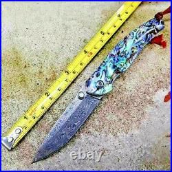 Drop Point Knife Folding Pocket Hunting Tactical Damascus Steel Shell Handle EDC
