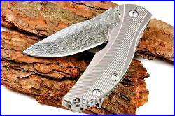 Drop Point Knife Folding Pocket Hunting Tactical Damascus Steel Titanium Handle
