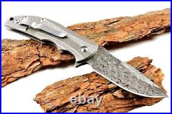 Drop Point Knife Folding Pocket Hunting Tactical Damascus Steel Titanium Handle