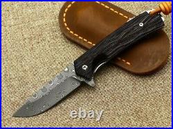 Drop Point Knife Folding Pocket Hunting Wild Survival Damascus Steel Wood Handle