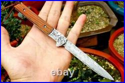 Drop Point Knife Folding Pocket Hunting Wild Tactical Damascus Steel Wood Handle