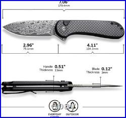 EDC Folding Knife Damascus Blade Pocket Knife Utility Knife with Deep Carry Clip