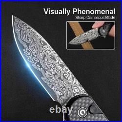 EDC Folding Knife Damascus Blade Pocket Knife Utility Knife with Deep Carry Clip