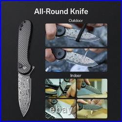 EDC Folding Knife Damascus Blade Pocket Knife Utility Knife with Deep Carry Clip