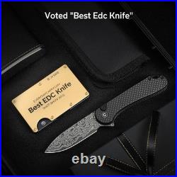 EDC Folding Knife Damascus Blade Pocket Knife Utility Knife with Deep Carry Clip