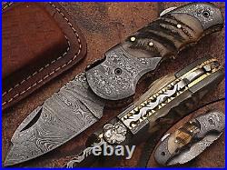 Eye Catching Damascus Steel Folding Knife, Hand Made 10 Pcs Lot