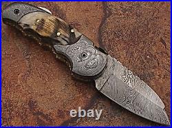 Eye Catching Damascus Steel Folding Knife, Hand Made 10 Pcs Lot