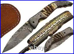 Eye Catching Damascus Steel Folding Knife, Hand Made 10 Pcs Lot