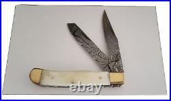 FORGED DAMASCUS STEEL TRAPPER 2 BLADE FOLDING KNIFE WithBONE HANDLE +SHEATH 2215