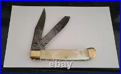 FORGED DAMASCUS STEEL TRAPPER 2 BLADE FOLDING KNIFE WithBONE HANDLE +SHEATH 2215