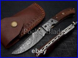 Fabulous Custom Handmade Damascus Steel Folding Pocket Knife With Sheath