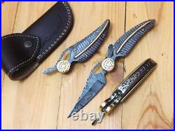 Feather Style Damascus Blade Pocket (Folding) Knife With Damascus Handle