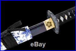 Folded Blue Damascus Steel Full Tang Japanese Samurai Sword Katana Sharp Knife