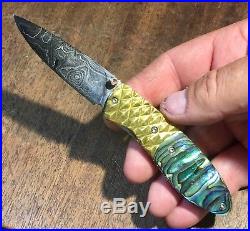 Folding Damascus Pocket Knife With Green Abalone Handles & Sapphire, Fileworked