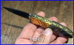 Folding Damascus Pocket Knife With Green Abalone Handles & Sapphire, Fileworked
