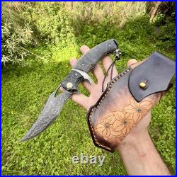 Folding Knife Damascus Steel Black Luxury Wood Stabilized Bead EDC Custom #290