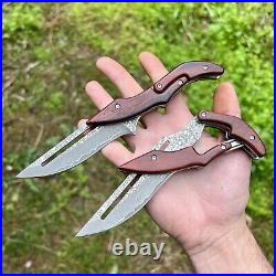 Folding Knife Friction Blade Steel Damascus Wood Handle Pocket Knife Edc