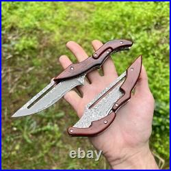 Folding Knife Friction Blade Steel Damascus Wood Handle Pocket Knife Edc
