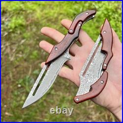 Folding Knife Friction Blade Steel Damascus Wood Handle Pocket Knife Edc