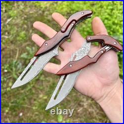 Folding Knife Friction Blade Steel Damascus Wood Handle Pocket Knife Edc