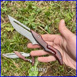 Folding Knife Friction Blade Steel Damascus Wood Handle Pocket Knife Edc