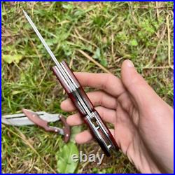 Folding Knife Friction Blade Steel Damascus Wood Handle Pocket Knife Edc