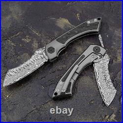 Folding Knife Handmade Japanese Titanium Carbon Fiber Handle Damascus Blade