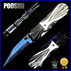 Folding Knife Pk01229 Damascus Steel Blade Carved Bull Horn / Ss. Handle Poosiri