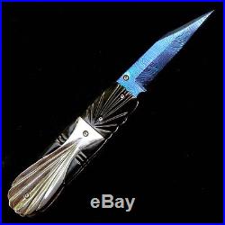Folding Knife Pk01229 Damascus Steel Blade Carved Bull Horn / Ss. Handle Poosiri