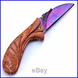 Folding Knife Pk01246 Damascus Steel Blade Carved Makha Burl Wood Handle Poosiri