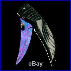 Folding Knife Pk01302 Damascus Steel Blade Carved Black Bull Horn Handle Poosiri
