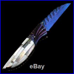 Folding Knife Pk01305 Damascus Steel Blade Black & White Pearl Handle Thailand