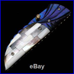 Folding Knife Pk01305 Damascus Steel Blade Black & White Pearl Handle Thailand