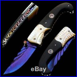 Folding Knife Pk01309 Damascus Steel Blade Thai Black Wood & White Pearl Handle
