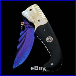 Folding Knife Pk01309 Damascus Steel Blade Thai Black Wood & White Pearl Handle