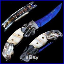 Folding Knife Pk01311 Damascus Steel Blade Carved Black Pearl & Molar Handle