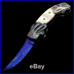 Folding Knife Pk01311 Damascus Steel Blade Carved Black Pearl & Molar Handle