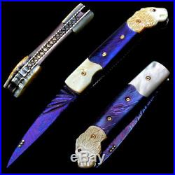 Folding Knife Pk01312 Color Damascus Blade Carved White Pearl & Damascus Handle