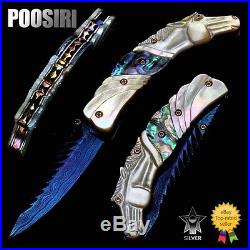 Folding Knife Pk05013 Damascus Steel Blade White Pearl & Abalone Handle Poosiri