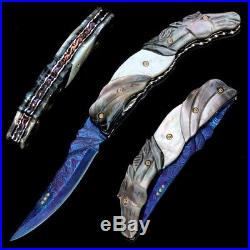 Folding Knife Pk05022 Damascus Steel Blade Black & White Pearl Handle Poosiri