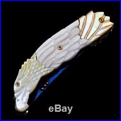 Folding Knife Pk05023 Damascus Steel Blade Carved Gold Pearl & White Clam Handle