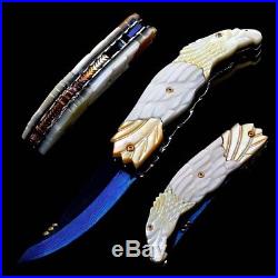 Folding Knife Pk05023 Damascus Steel Blade Carved White Pearl &white Clam Handle