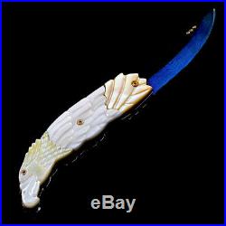 Folding Knife Pk05023 Damascus Steel Blade Carved White Pearl &white Clam Handle
