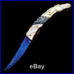 Folding Knife Pk05023 Damascus Steel Blade White Pearl Coral Fossil Handle Thai