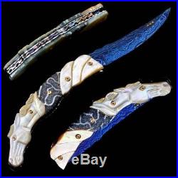 Folding Knife Pk05024 Damascus Steel Blade White Pearl Coral Fossil Handle Thai