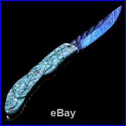 Folding Knife Pk05025 Damascus Steel Blade Carved Blue Turquoise Handle Poosiri