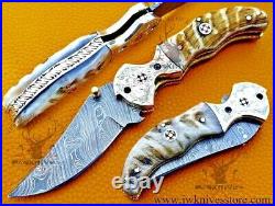 Folding Knife, Pocket Knife Damascus Folding Knife Ram horn Handle Gift for him