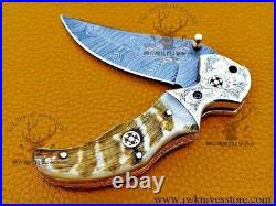 Folding Knife, Pocket Knife Damascus Folding Knife Ram horn Handle Gift for him