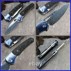 Folding Knife Titanium Carbon Fiber Handle Damascus Steel Blade EDC Tool Camp